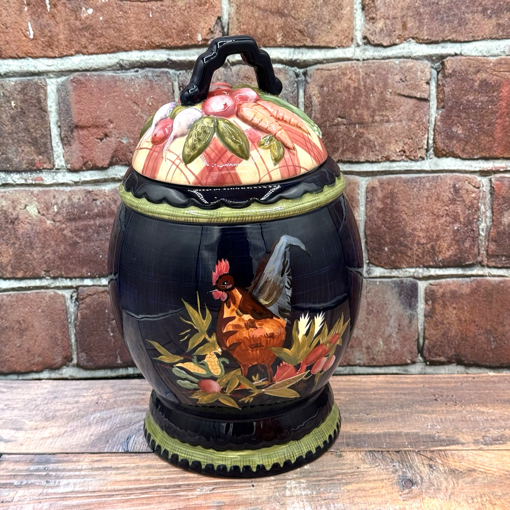 Vtg TRACY PORTER‎ Stonehouse Farm Canister Cookie Jar Rooster Navy Blue